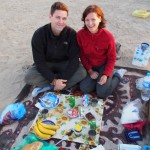 The happy couple at breakfast in camp the morning after (when we're married we won't have to sleep on any more floors, right?)