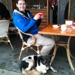 One man and his dog. And his coffee and ice cream.